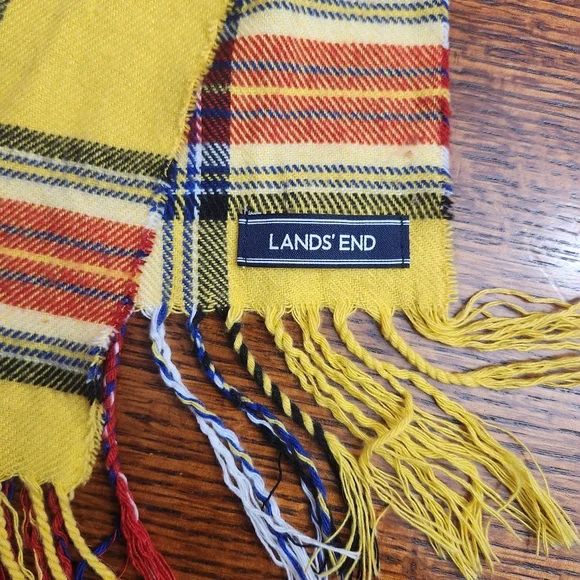3/$25 Lands’ End large plaid scarf bright yellow and red soft with fringe - Picture 4 of 5